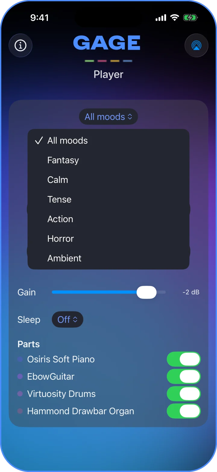 GAGE Player's mood filter, listing templates by mood