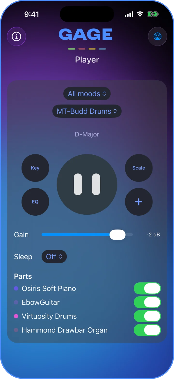 GAGE Player on iPhone, playing a template with four parts